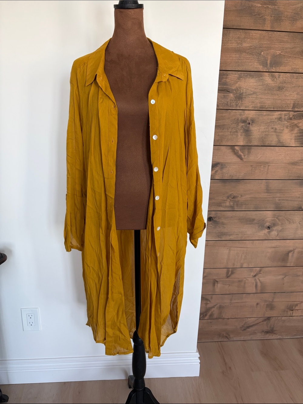 Rhea Sheer Mustard Button-Front Duster